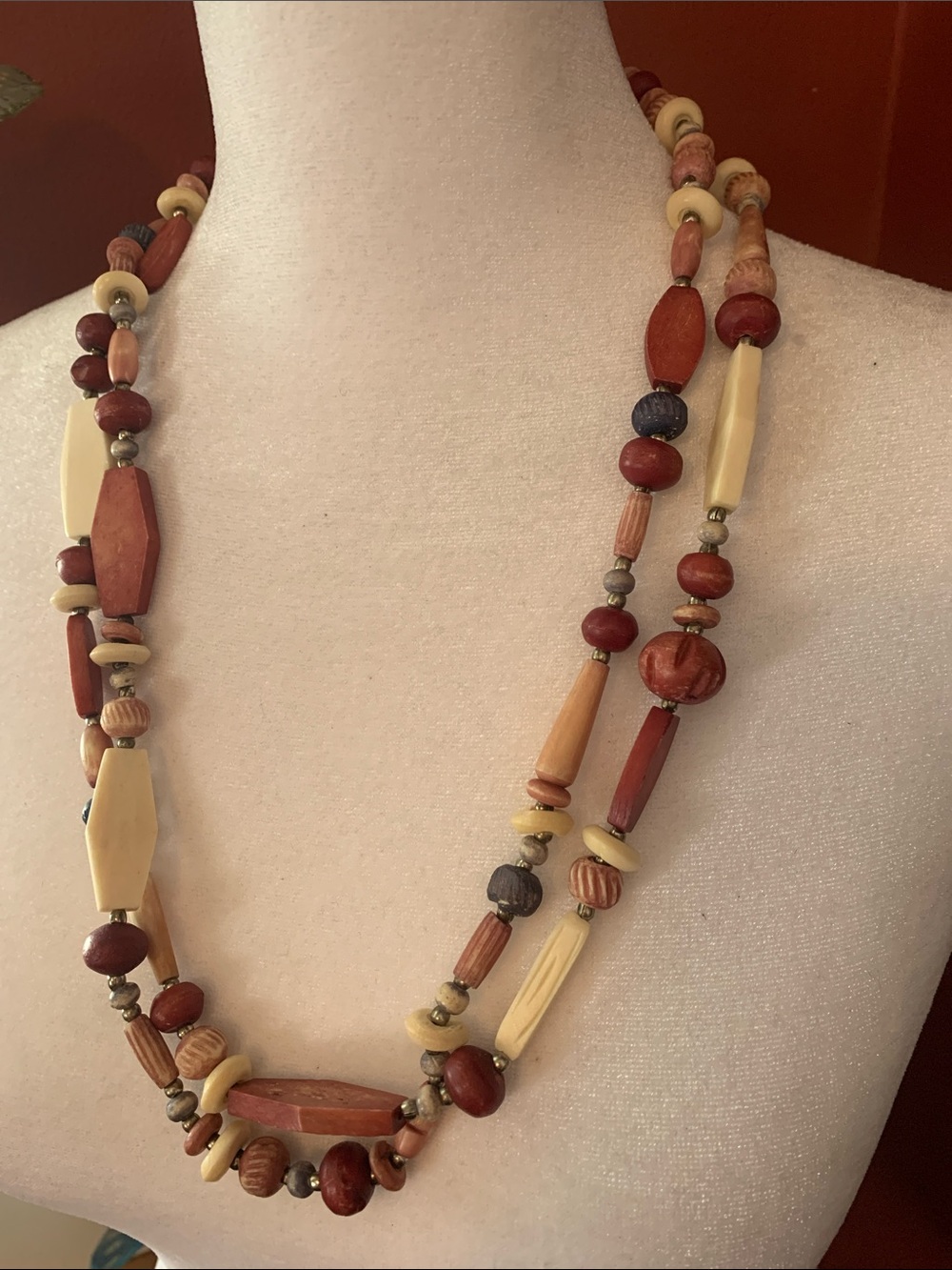Long Mixed Bead Necklace in Red and Cream